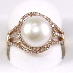 Pearl Ring w/Diamond Halo & Accents 14k RG 10mm